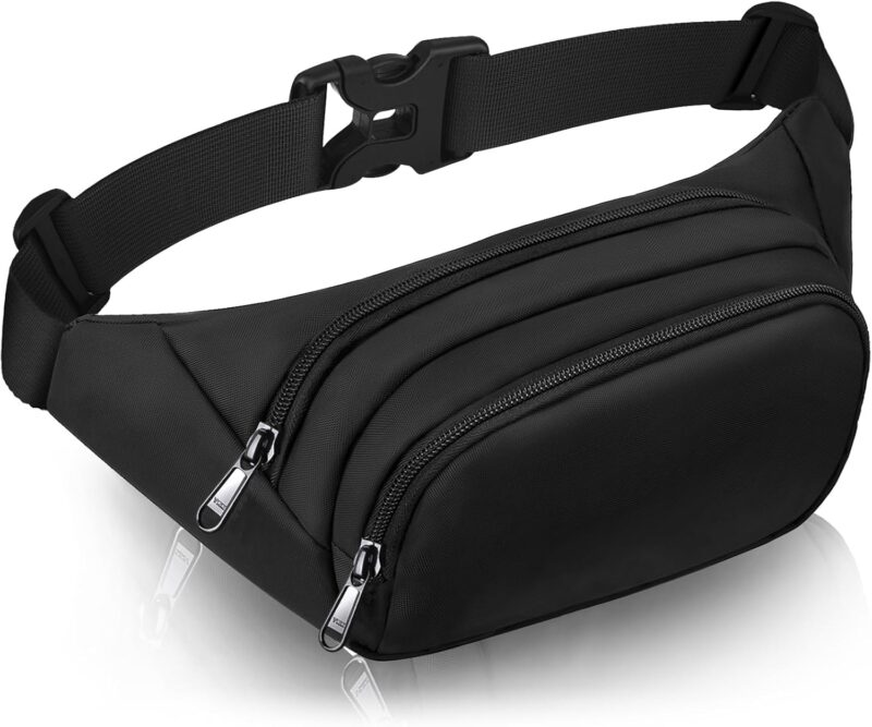 Large Fanny Pack for Women Men  Waist bag with 3-Zipper Pockets, Gifts for Enjoy Sports Traveling Workout Casual Hands-Free crossbody bags Fits MAX 7.9'' iPad & 6.6'' Phone Black