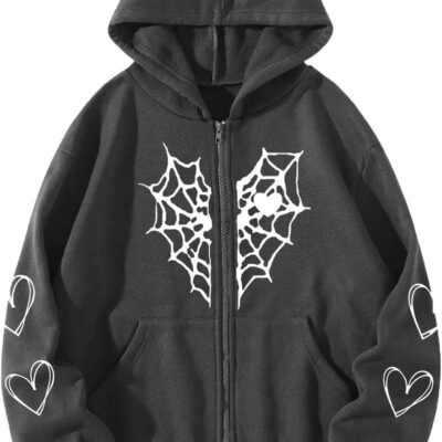 Full Zip Up Hoodies  men Gothic Spiderweb Heart Graphic Hoodie Vintage Punk Harajuku Style Sweatshirts Streetwear
