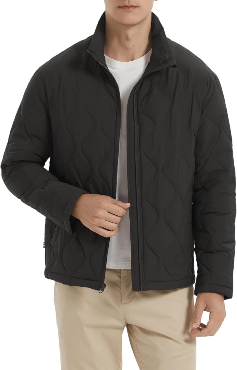 men Lightweight Quilted Bomber Jackets Full Zip Winter Down Coat Water Repellent Casual Outerwear