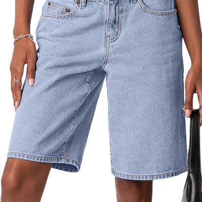Bermuda Shorts for Women Mid Waisted  Summer Casual Jeans Shorts Loose Fit Jorts Knee Length Denim Shorts