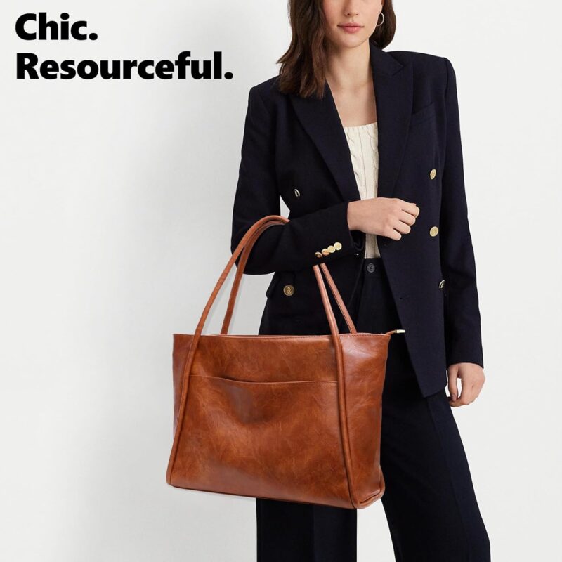 Large Tote Bag for Women Work with Zipper 16L Vegan Leather Ladies Travel Purses and Handbags - Image 2
