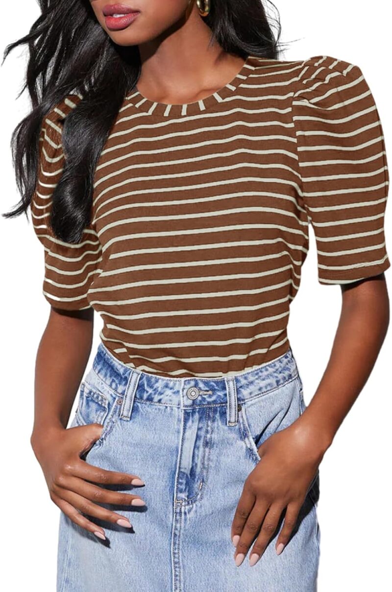 Women's Casual Short Puff Sleeve Crew Neck Striped T Shirts Summer Tops - Image 2