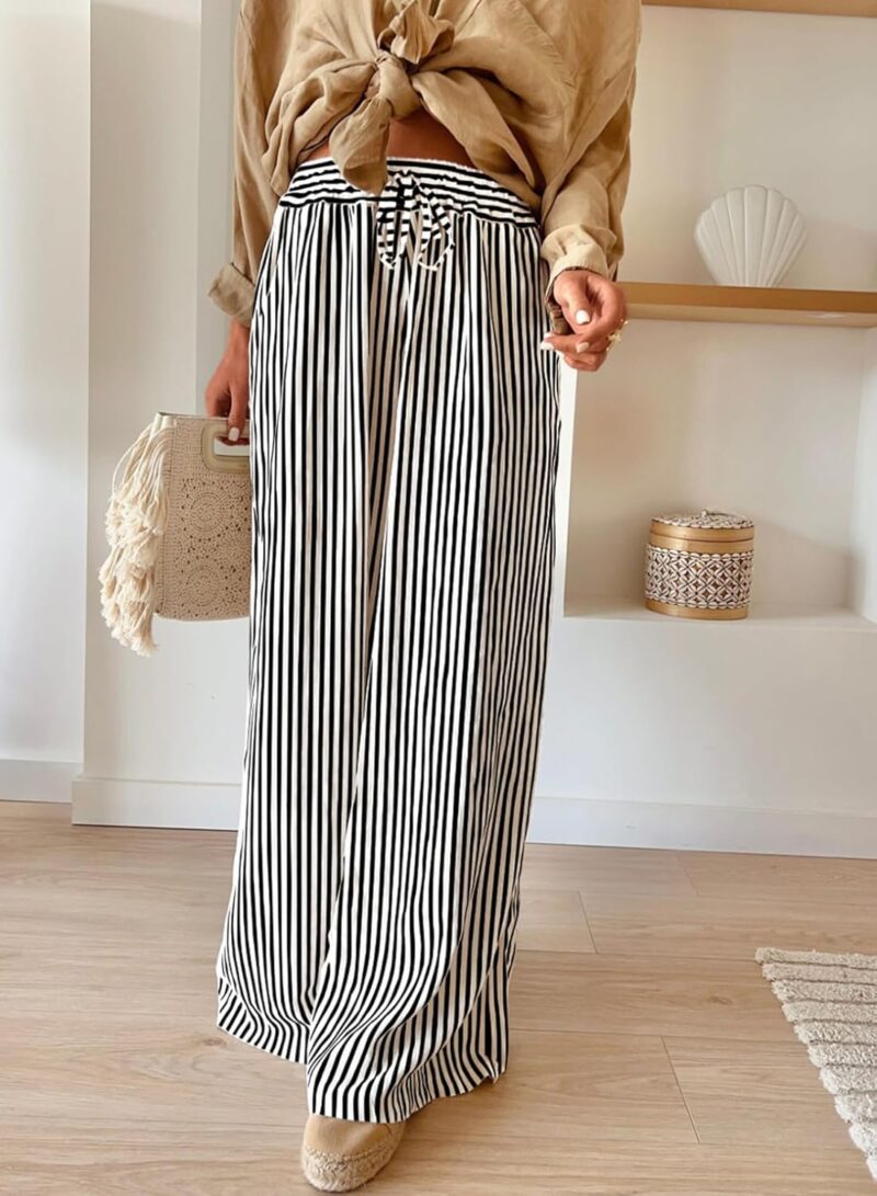 Women Casual Drawstring Elastic Waist Striped Wide Leg Pants with Pockets, S-XXL - Image 2
