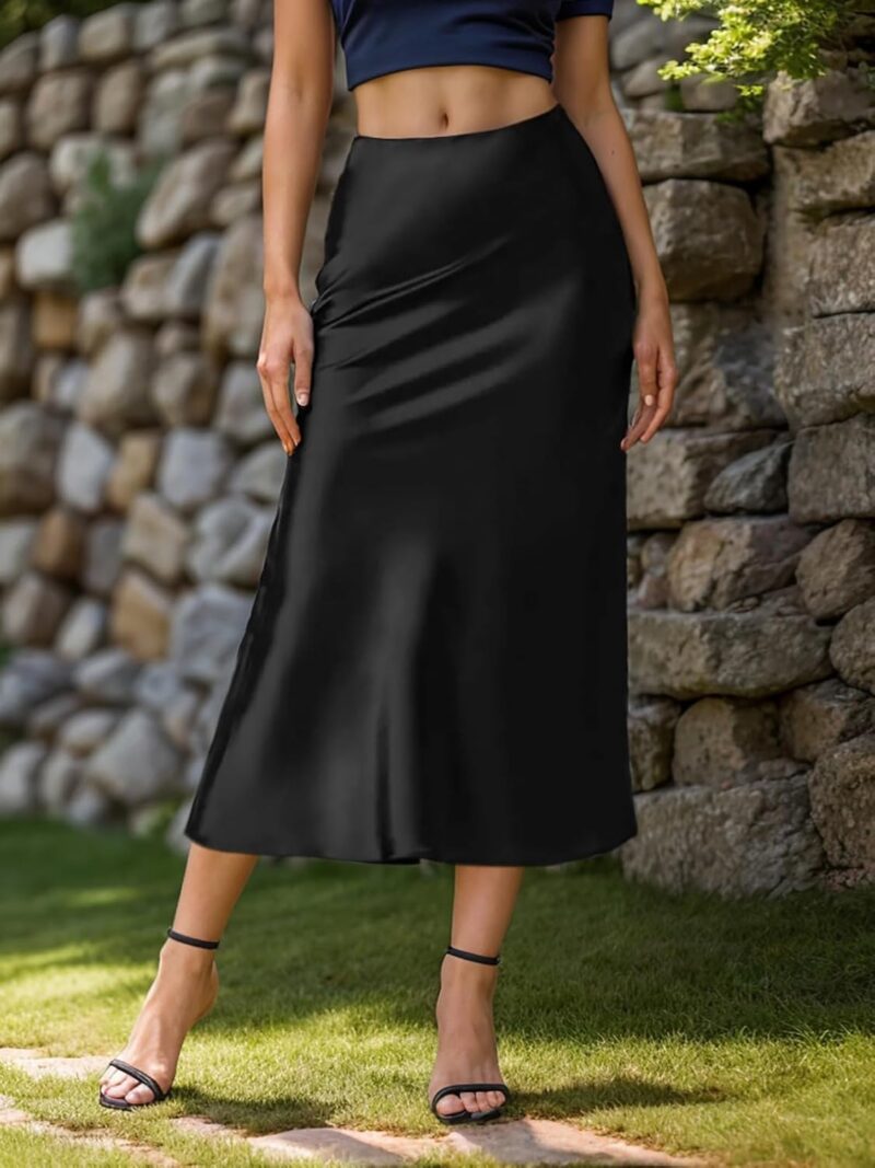 Women Satin High Waist Hidden Elasticized Waistband Flared Casual A Line Midi Skirt - Image 2