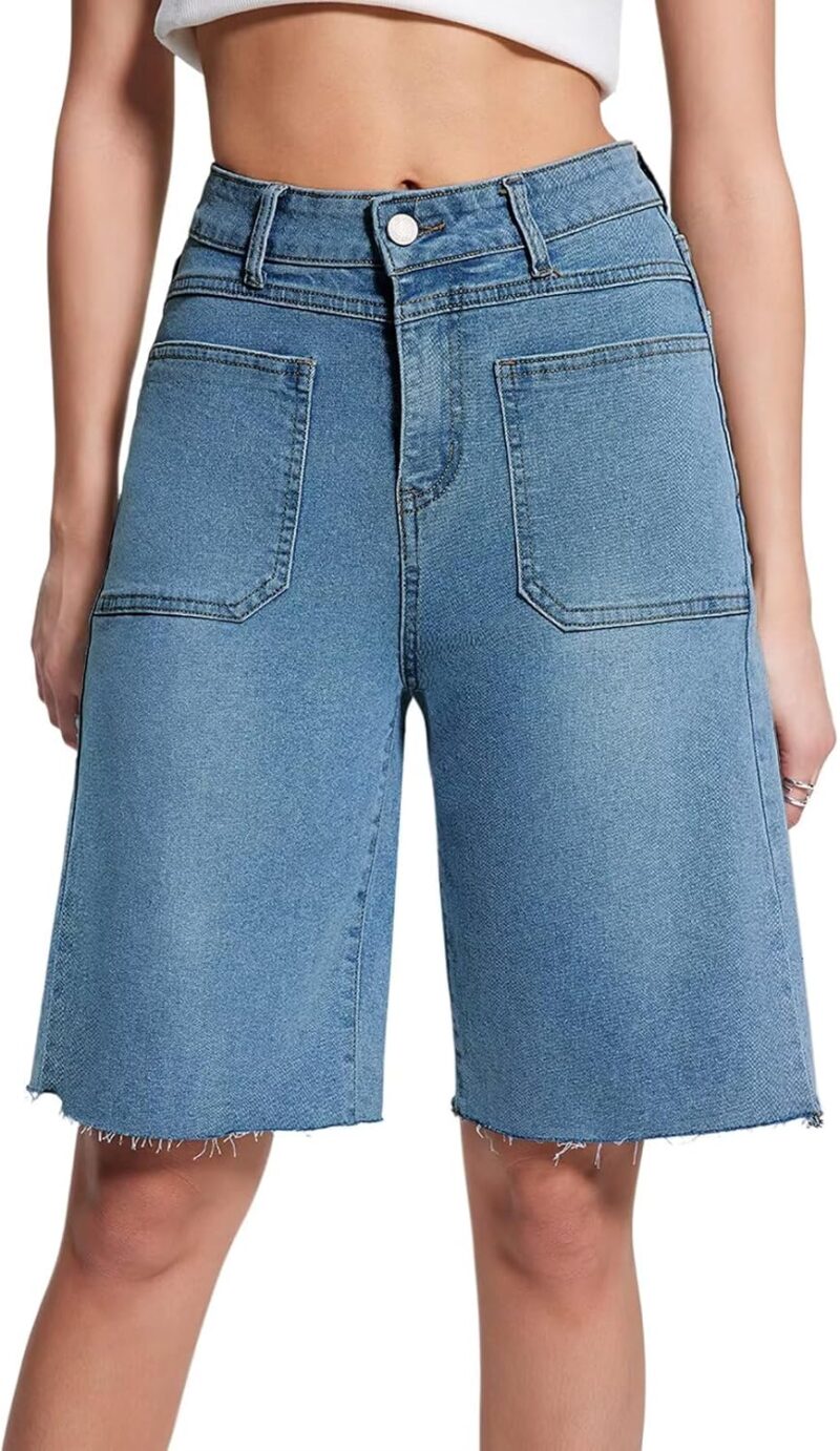 Women Front Pockets Denim Long Shorts Jorts Cargo Baggy Bermuda Jean Shorts Knee Length - Image 2