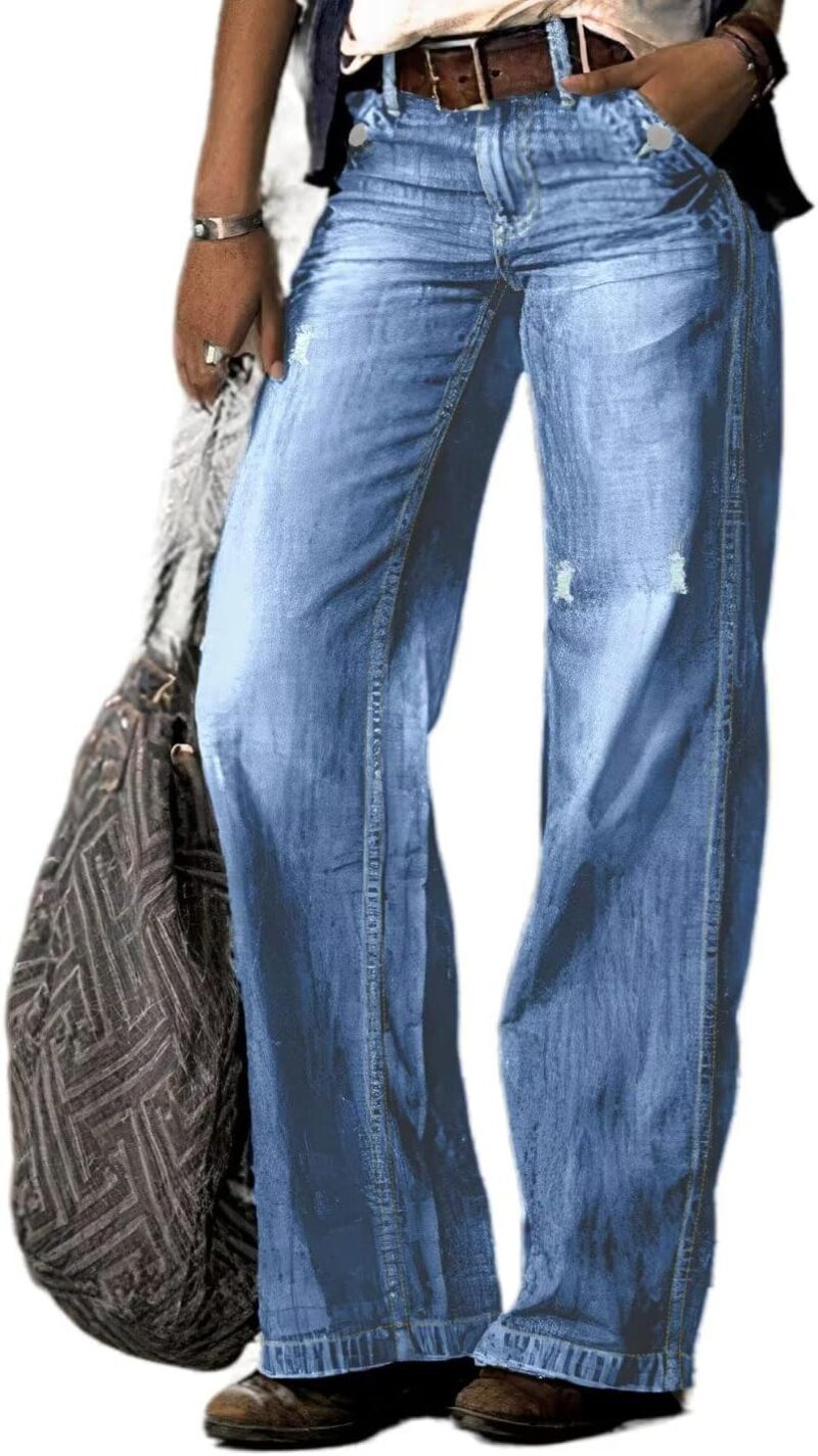 Straight Leg Jeans for Women Ripped Raw Hem Mid Waisted Bootcut Jeans Without Belts - Image 2