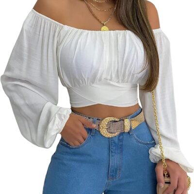 Woman Off Shoulder Ruched Tie Back Crop Top Summer Lantern Sleeve Boho Shirt Blouse