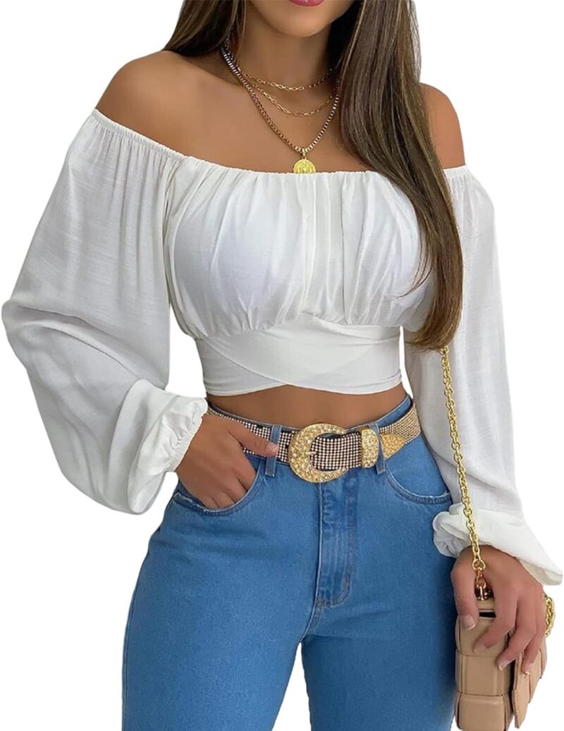 Woman Off Shoulder Ruched Tie Back Crop Top Summer Lantern Sleeve Boho Shirt Blouse