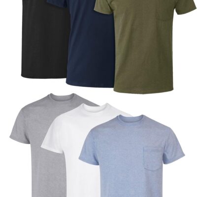 men Pocket Undershirt Pack, Cotton Crew Neck T-Shirt, Moisture Wicking Tee, Assorted 6-Pack