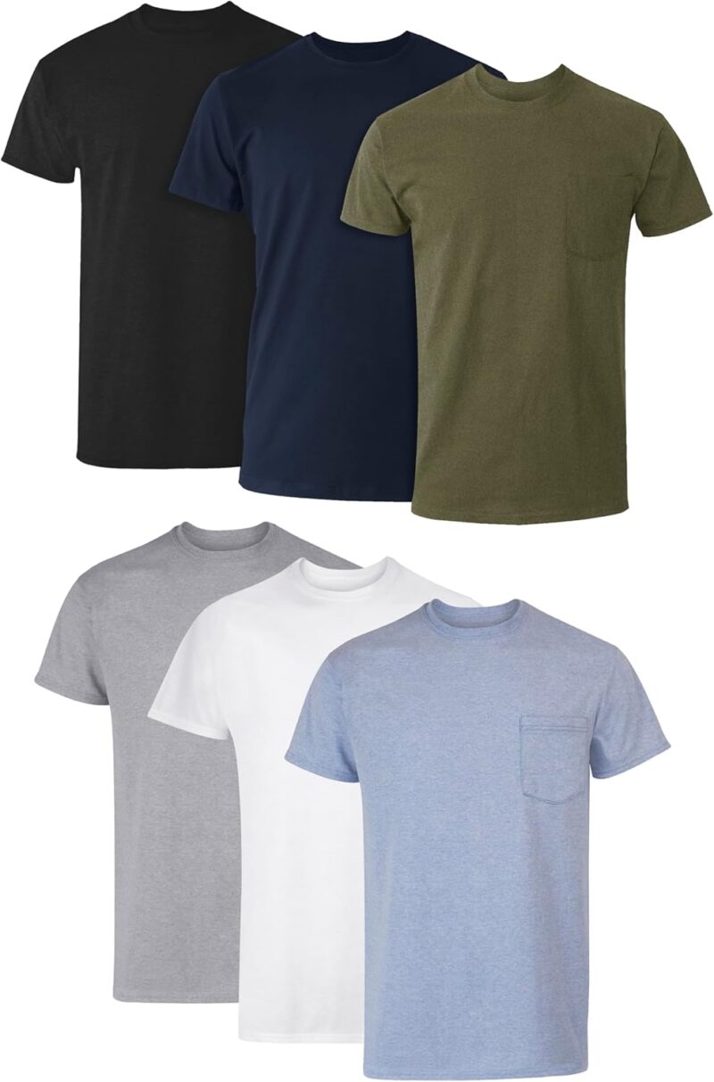 men Pocket Undershirt Pack, Cotton Crew Neck T-Shirt, Moisture Wicking Tee, Assorted 6-Pack