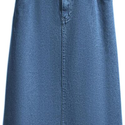 Women Summer Casual Elastic Waist Pockets Work Midi Denim A Line Skirt