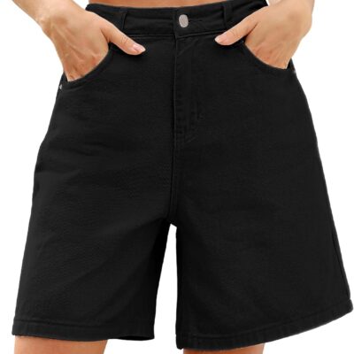 Bermuda Jorts Baggy Jean Shorts - Casual Loose Fit Wide Leg Knee Length Denim Shorts with Elastic Waist