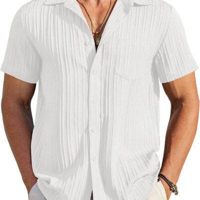 men Casual Button Down Shirts Short  Textured Summer Beach Shirt with Pocket