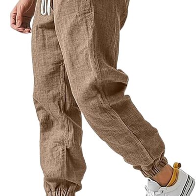 Cotton Linen Pants for Men Elastic Waist and Ankle Drawstring Baggy Style Lightweight Breathable Beach Pants