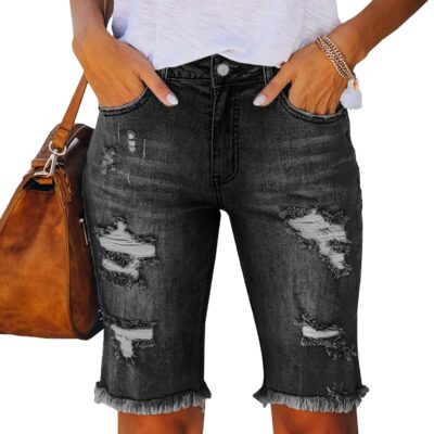 Women Jean Shorts High Waisted Denim Bermuda Shorts Ripped Distressed Knee Length Stretch Denim Jean Short