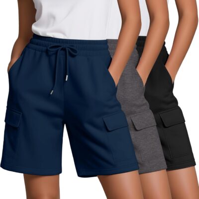 3 Pack Women Bermuda Shorts Casual Drawstring Elastic Waist Knee Length Yoga Shorts with Pockets