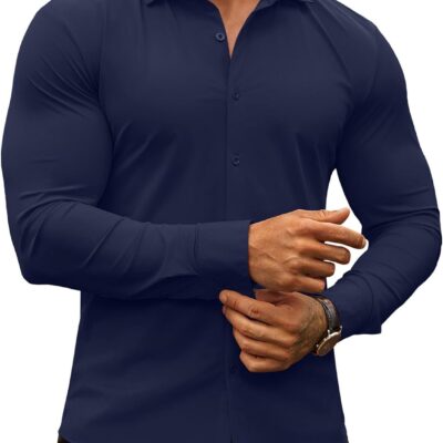 Men's Muscle Fit Dress Shirts Wrinkle-Free Long Sleeve Casual Button Down Shirts