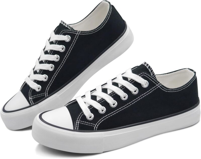 Womens Canvas Shoes Low Top and Lace up Fashion Casual Sneakers Black and White Classic - Image 2