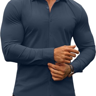 Men's Muscle Fit Dress Shirts Wrinkle-Free Long Sleeve Casual Button Down Shirts