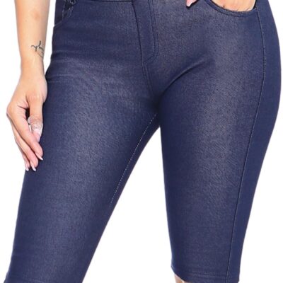 Women Cotton 5 Pocket Bermuda Shorts No Muffin Top Pull On Knee Length Jeggings Stretchy Jean Leggings