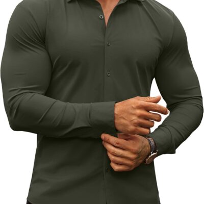 Men's Muscle Fit Dress Shirts Wrinkle-Free Long Sleeve Casual Button Down Shirts
