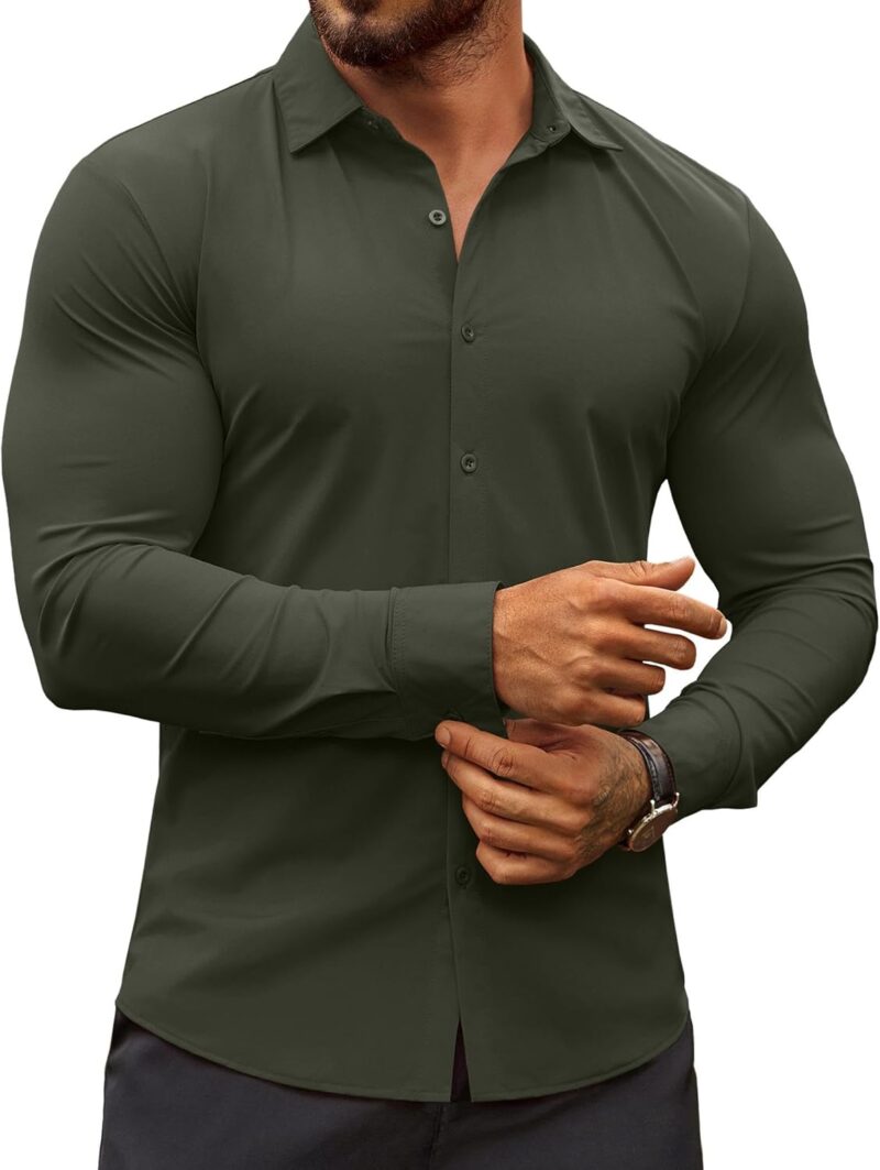 Men's Muscle Fit Dress Shirts Wrinkle-Free Long Sleeve Casual Button Down Shirts
