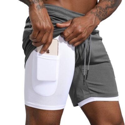 men 2 in 1 Workout Running Shorts Lightweight Training Yoga Gym 7" Short with Zipper Pockets