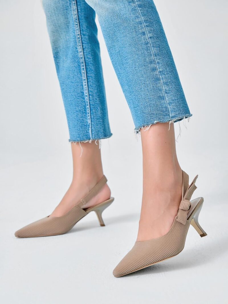 Womens Slingback Kitten Heels Closed Pointed Toe Bowknot Knitted Slip On Work Pumps Dress Shoes - Image 2