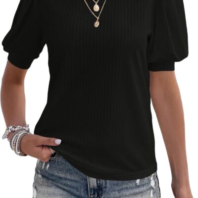 Women's Summer Short Sleeve Top Crewneck Pleated Puff Sleeve Blouse Loose Casual Shirts
