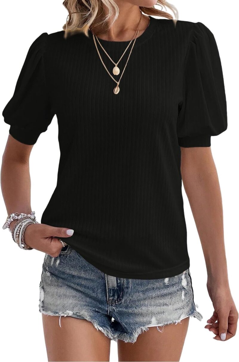 Women's Summer Short Sleeve Top Crewneck Pleated Puff Sleeve Blouse Loose Casual Shirts