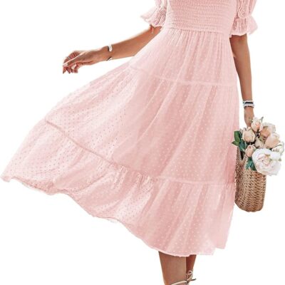 Women's 2025 Summer Square Neck Puff Sleeve Boho Midi Dress Swiss Dot Ruffle Flowy Tie Back Dress