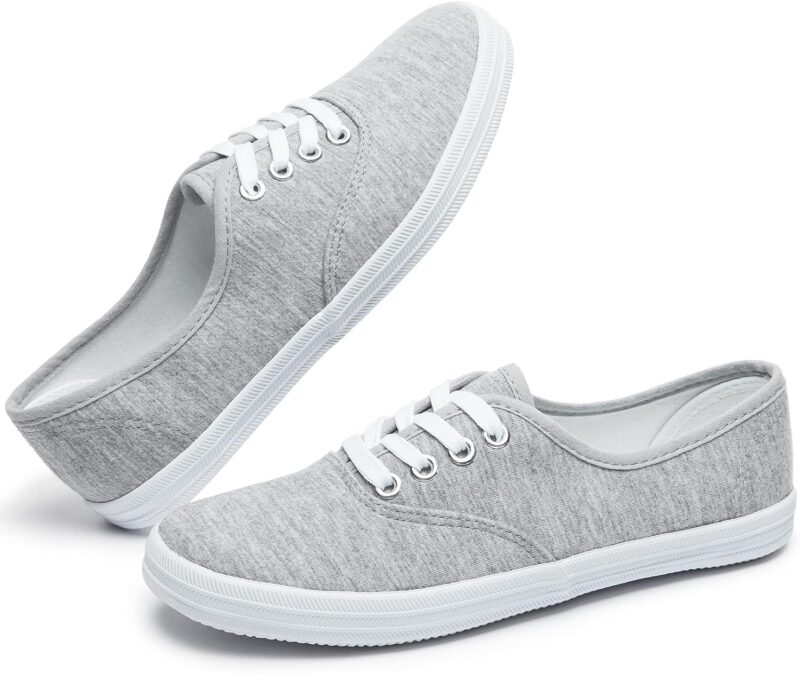 Womens White Canvas Sneakers Low Top Lace-up Canvas Shoes Lightweight Casual Tennis Shoes