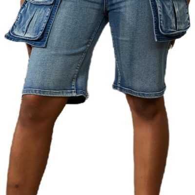 Cargo Jean Shorts Women Stretchy Denim Knee Length Short Jeans