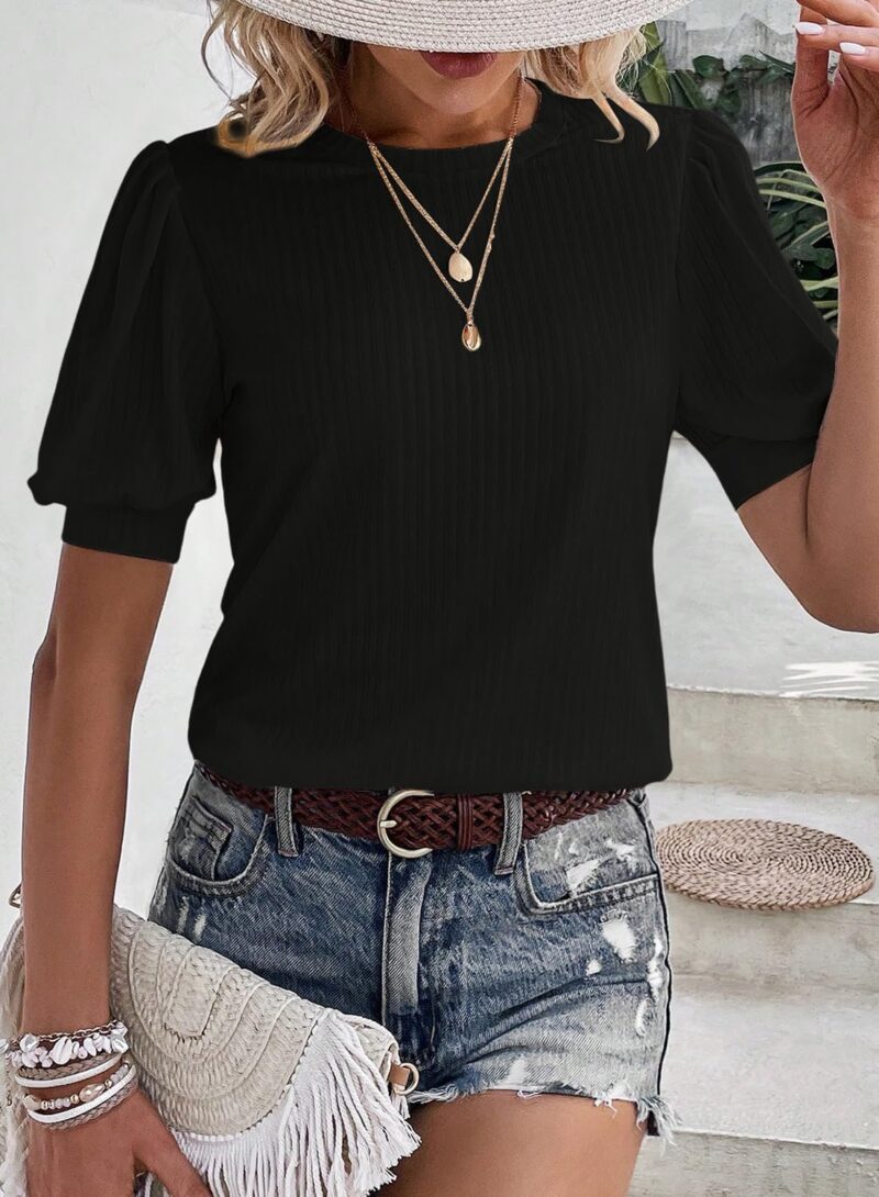 Women's Summer Short Sleeve Top Crewneck Pleated Puff Sleeve Blouse Loose Casual Shirts - Image 2
