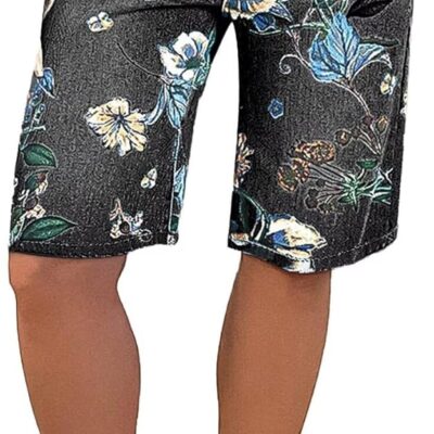 High Waisted Bermuda Shorts for Women Knee Length Floral Print Stretchy Summer Denim Shorts Trendy