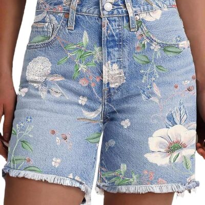High Waisted Bermuda Shorts for Women Denim Knee Length Floral Pattern Raw Hem Jean Shorts Summer Trendy