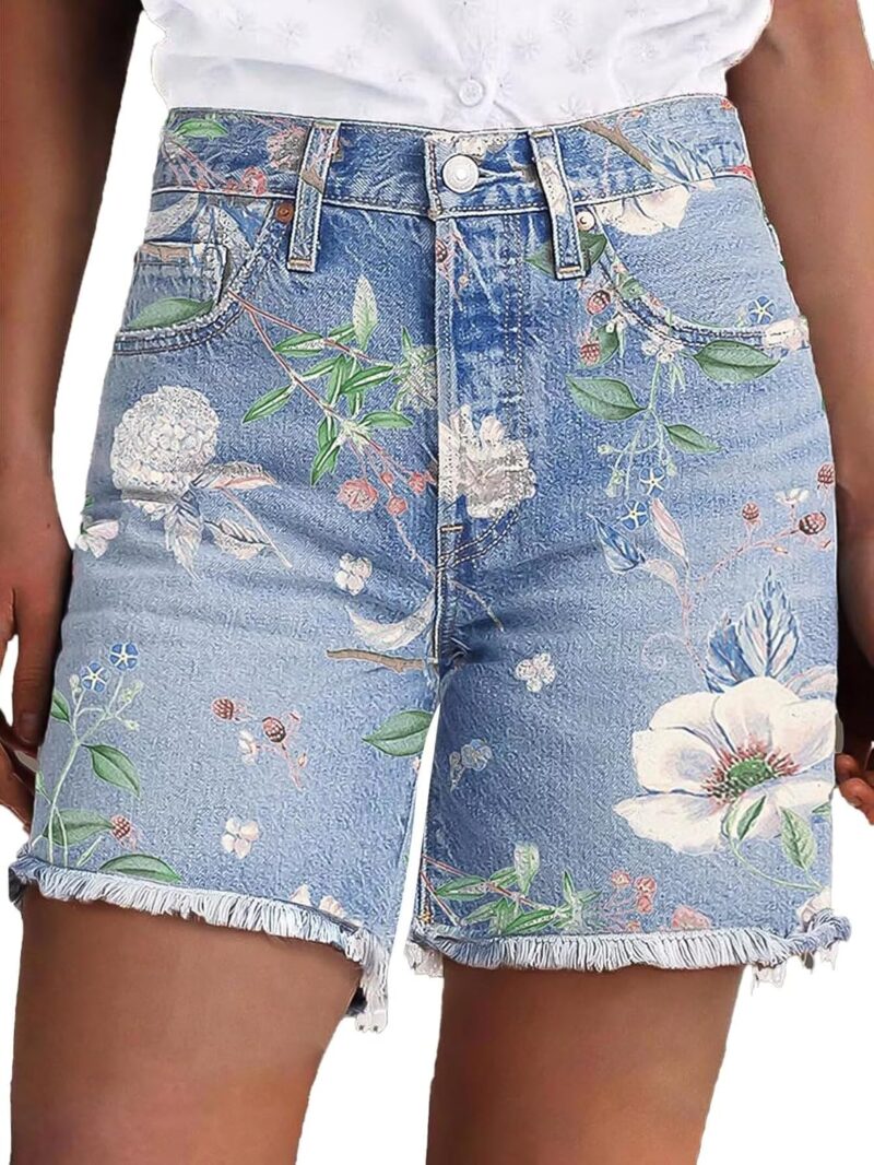 High Waisted Bermuda Shorts for Women Denim Knee Length Floral Pattern Raw Hem Jean Shorts Summer Trendy