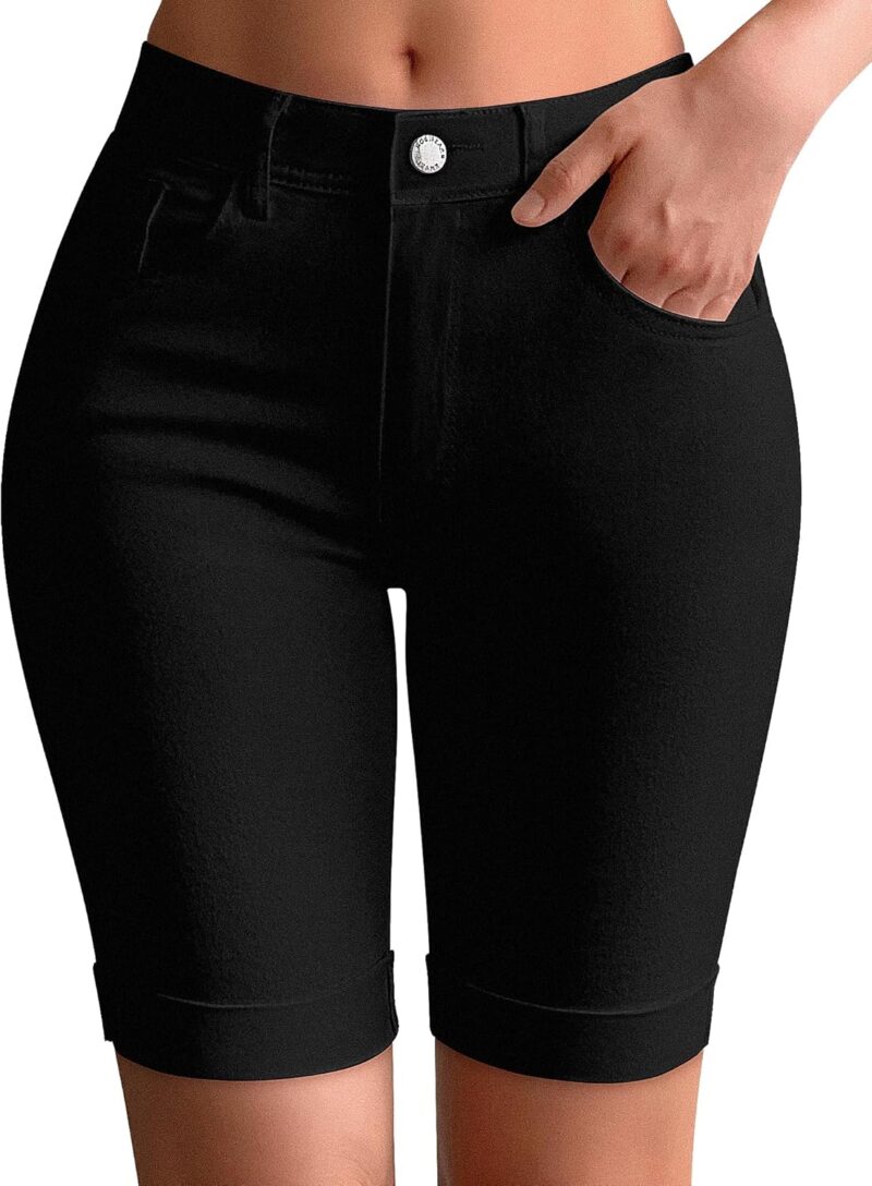 Women Mid Rise Roll Cuff Bermuda Stretch Denim Jean Shorts