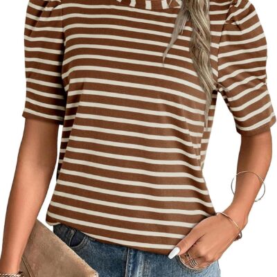 Women's Casual Short Puff Sleeve Crew Neck Striped T Shirts Summer Tops