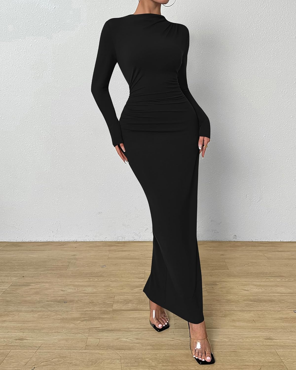 Women Bodycon Maxi Dress Long Sleeve Back Slit Ruched Elegant Party Cocktail Formal Fall Wedding Guest Dresses - Image 2