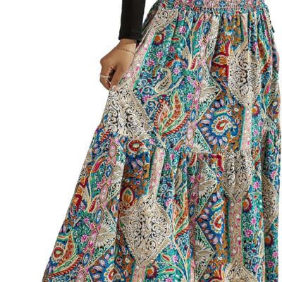 Women Boho Skirt Elastic High Waist Pleated A-Line Flared Maxi Skirts Women Flowy Long Skirts
