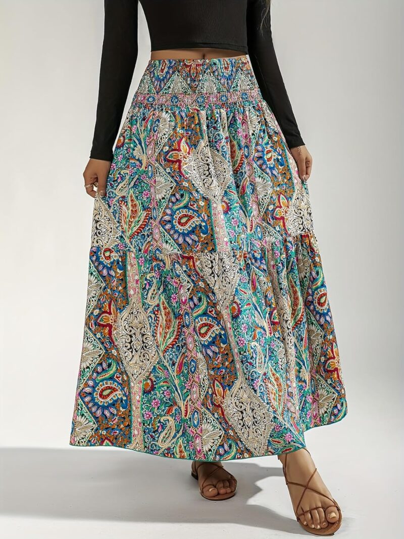 Women Boho Skirt Elastic High Waist Pleated A-Line Flared Maxi Skirts Women Flowy Long Skirts - Image 2