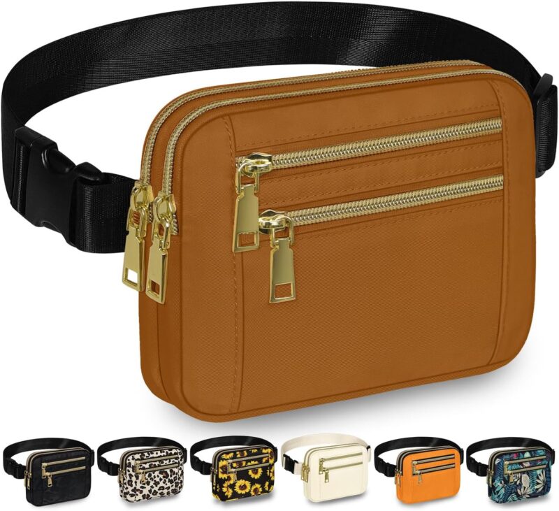 Fanny Packs for Women Fashion Waist Packs Bag with Adjustable Strap and 4 Zipper Pockets Waterproof Everywhere Crossbody Belt Bag for Workout Running Travelling(Brown)