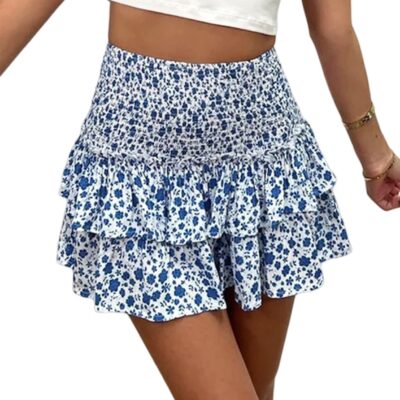 Women’s Summer High Waist Floral Layered Ruffle Hem Boho Mini Skirt Smocked A Line Pleated Beach Short Skirt