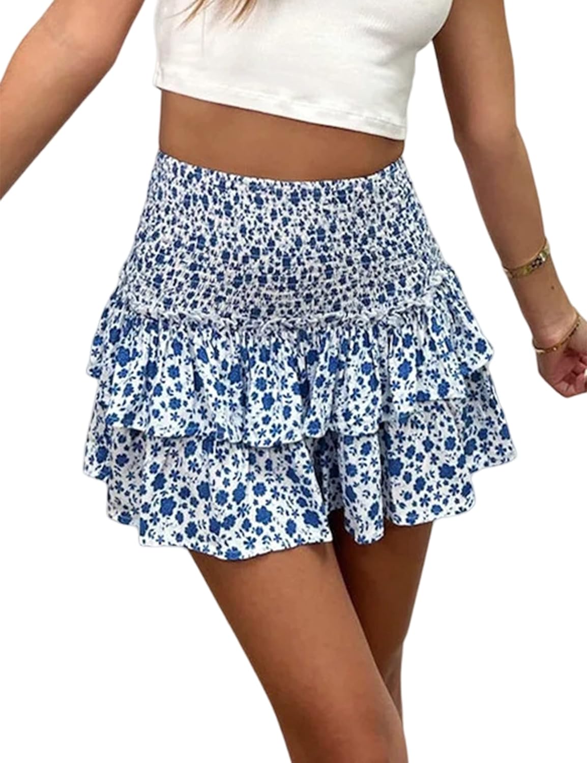Women’s Summer High Waist Floral Layered Ruffle Hem Boho Mini Skirt Smocked A Line Pleated Beach Short Skirt