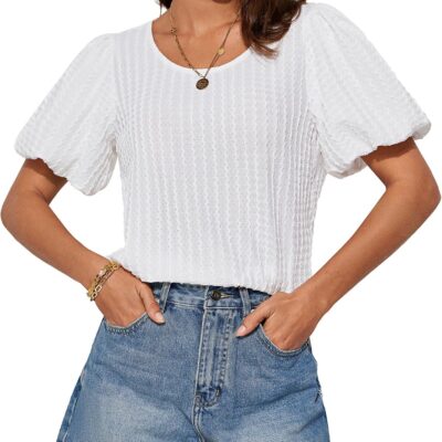 Women's Puff Sleeve Tops Summer Crewneck Textured Work Shirt Dressy Casual Blouse Spring Fashion Outfits 2025