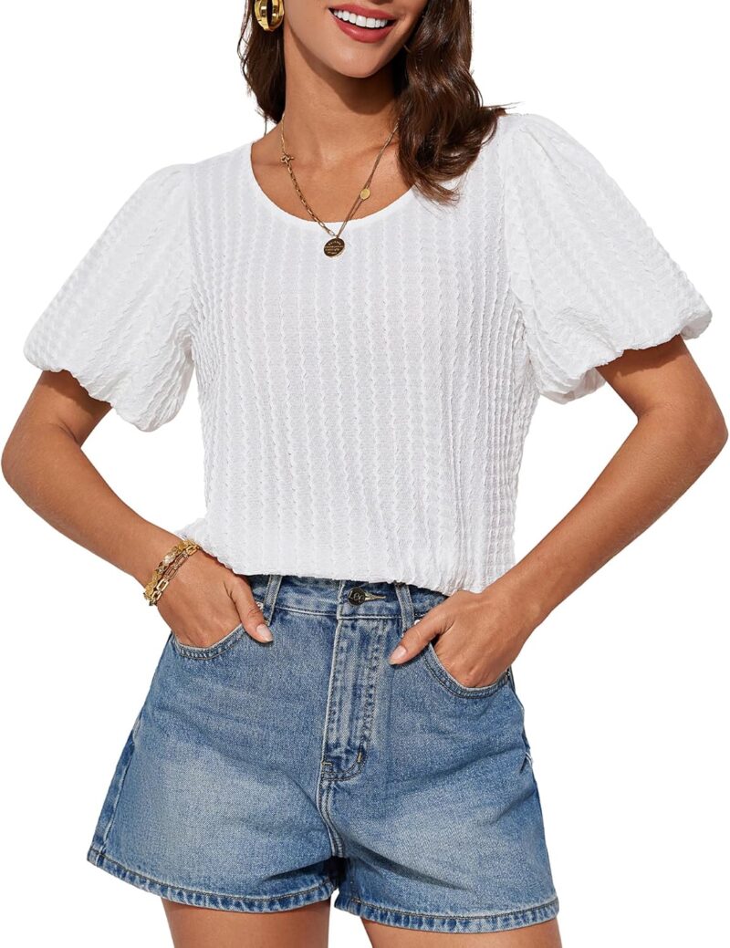 Women's Puff Sleeve Tops Summer Crewneck Textured Work Shirt Dressy Casual Blouse Spring Fashion Outfits 2025