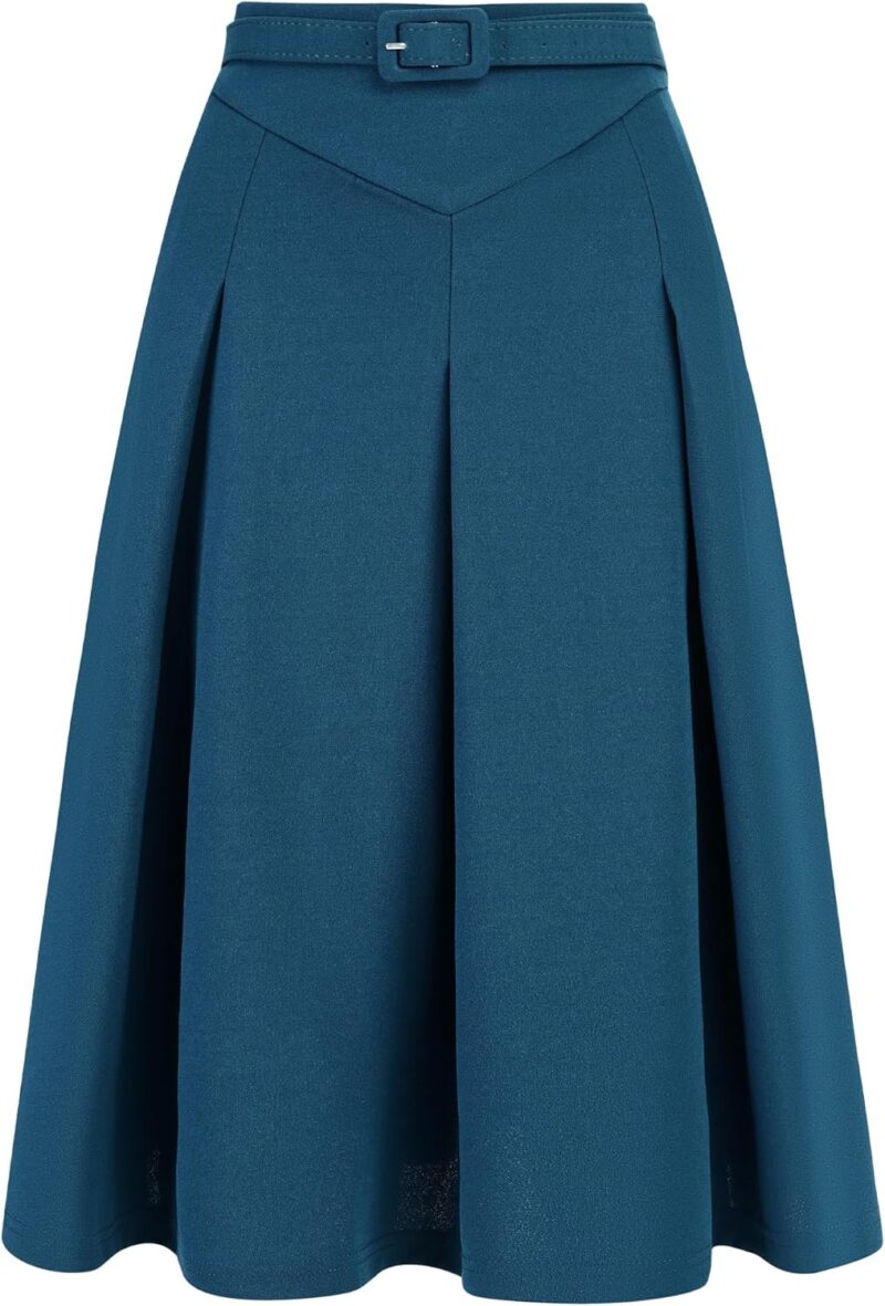 Women Office Work Skirts Belted Waist Midi A-Line Pleated Skirt