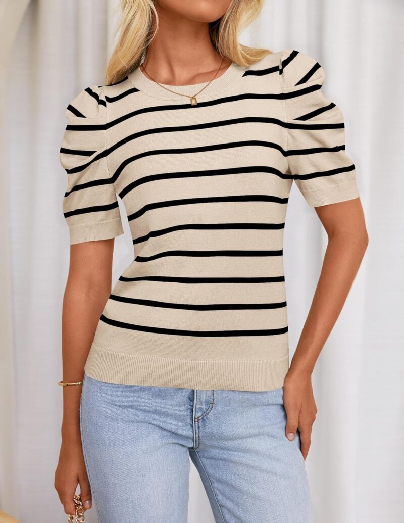 Women's 2025 Summer Short Puff Sleeve Knit Tops Trendy Crewneck Striped Shirts Dressy Casual Blouses - Image 2