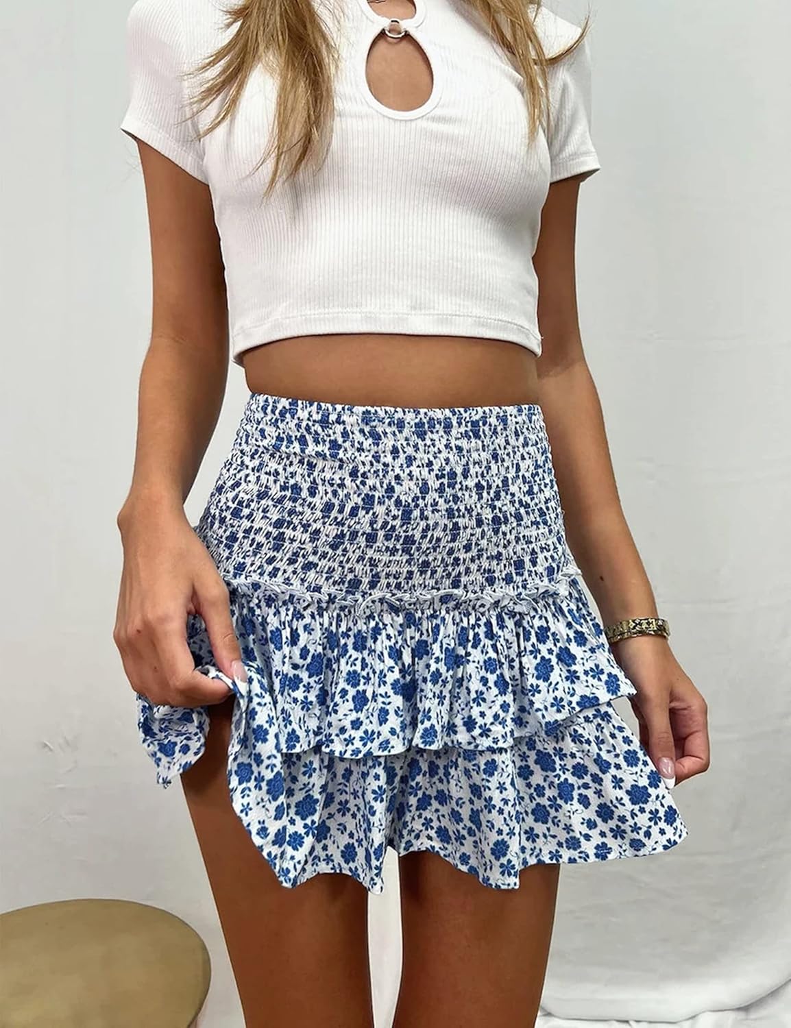 Women’s Summer High Waist Floral Layered Ruffle Hem Boho Mini Skirt Smocked A Line Pleated Beach Short Skirt - Image 2